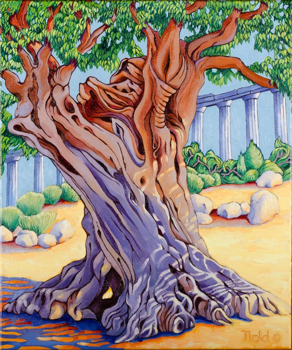 Colorful painting of an ancient twisted tree with vivid roots and green leaves.