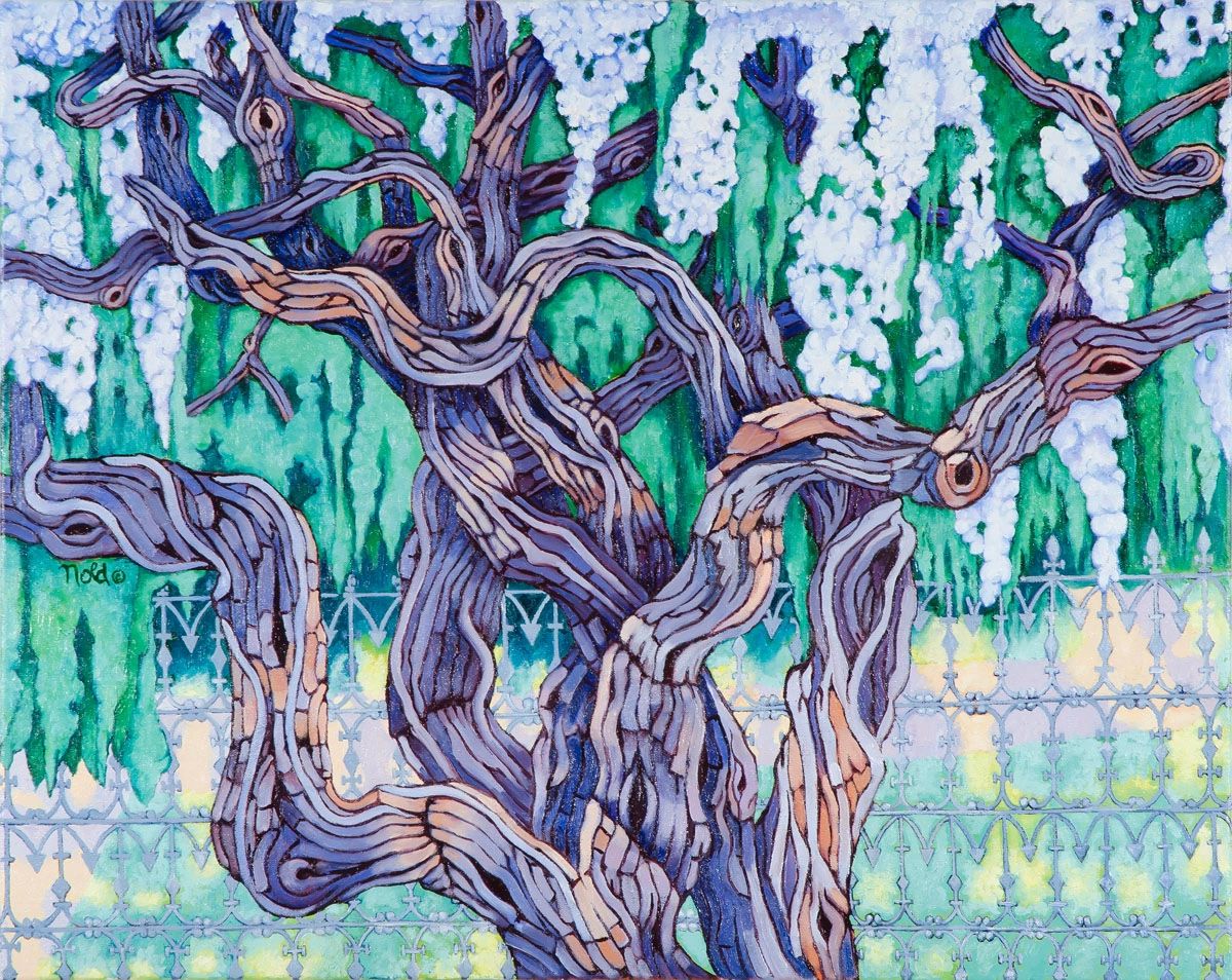 A vibrant painting of a twisted tree with cascading white flowers and a detailed fence in the background.