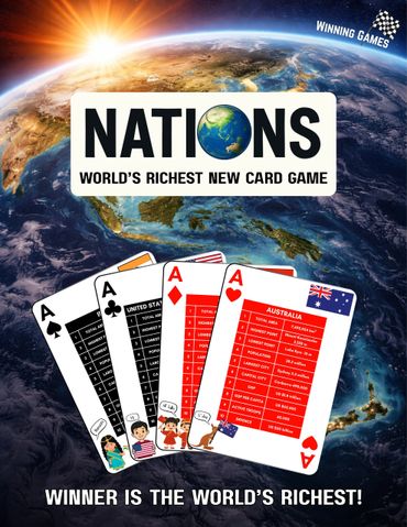 Promotional poster for Nations card game with cards showing country stats against Earth background.