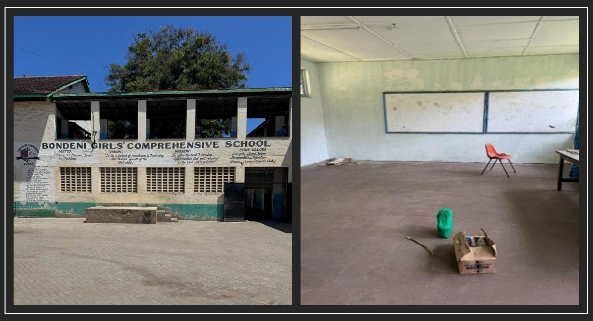 Exterior and interior views of Bondeni Girls' Comprehensive School with sparse classroom furniture.