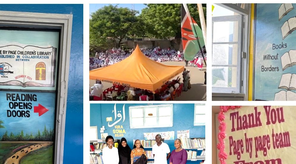 Community event celebrating the opening of a children's library with vibrant murals and happy participants.