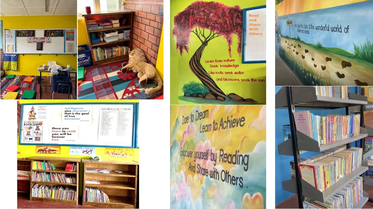 A vibrant reading corner and library promoting reading and learning with colorful murals and bookshelves.