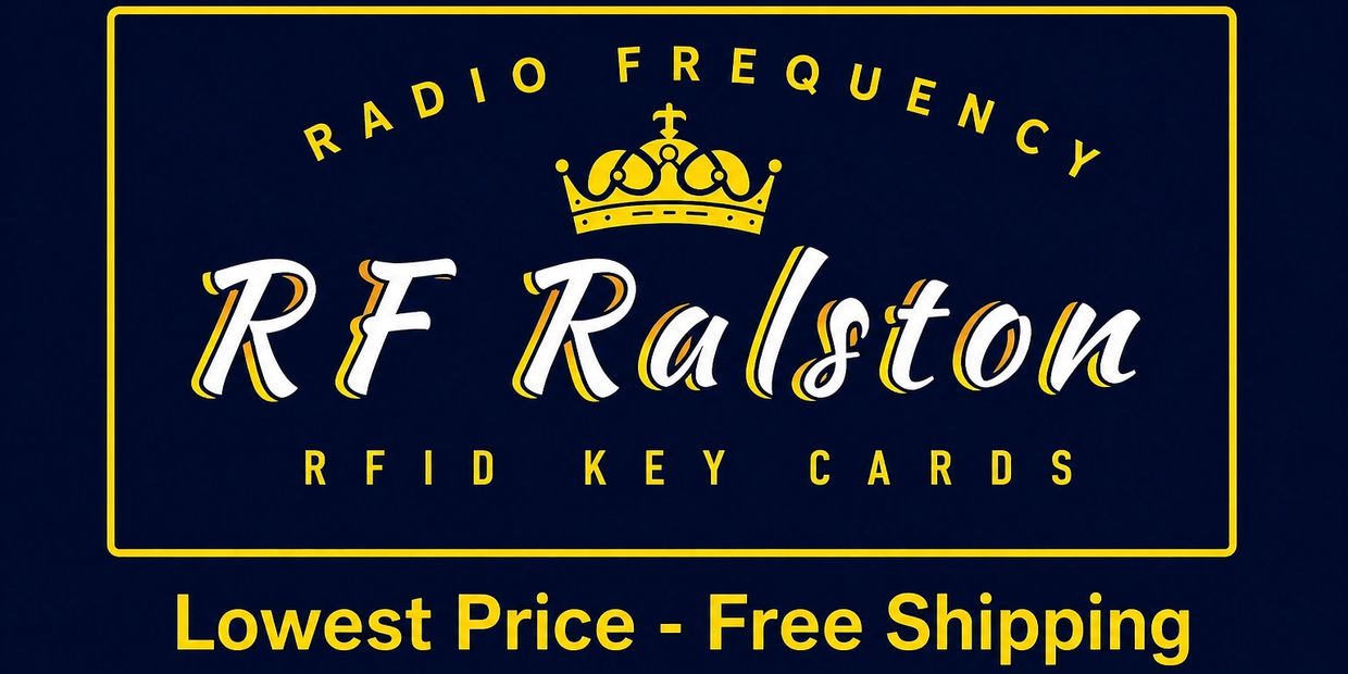 Brand logo for RF Ralston RFID key cards with free shipping offer.