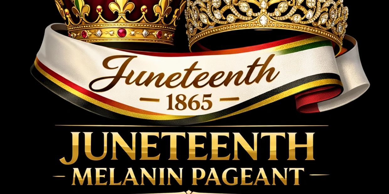 Elegant Juneteenth Melanin Pageant logo with crowns and ribbon.
