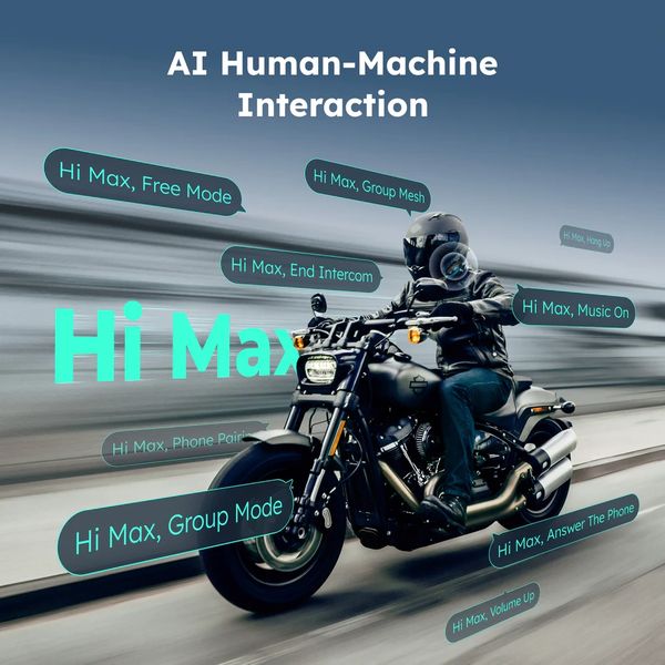 Motorcyclist using AI voice commands for seamless human-machine interaction.