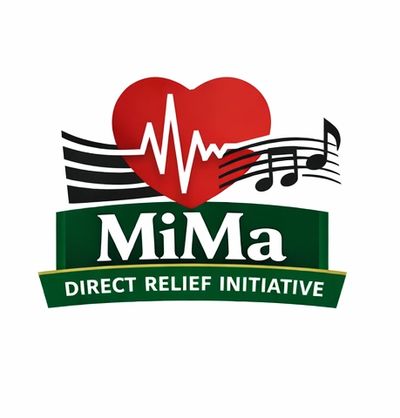 Logo of MiMa Direct Relief Initiative with heart and music notes.