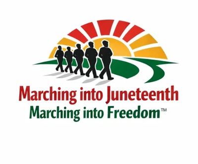 Graphic of people marching with a sunrise, celebrating Juneteenth and freedom.