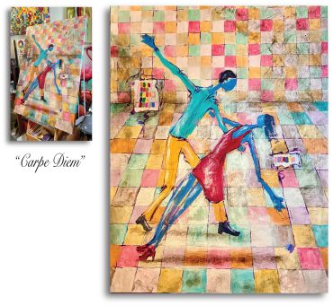 Colorful painting of dancing couple on a checkered floor.