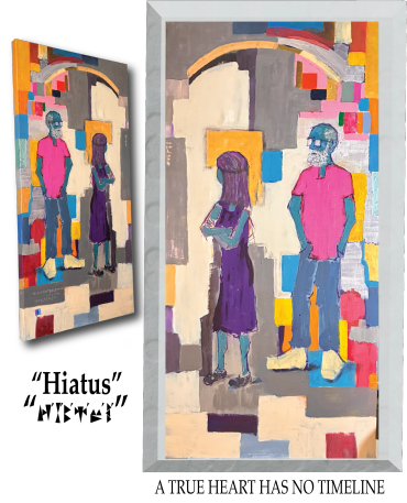 Abstract painting of two skeletal figures in colorful clothes.