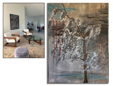 Modern seating area with abstract tree artwork.