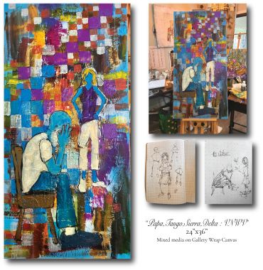 Abstract colorful painting of two figures in contemplative poses.