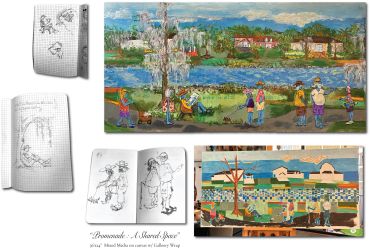 Mixed media art showing sketches and a colorful river scene.
