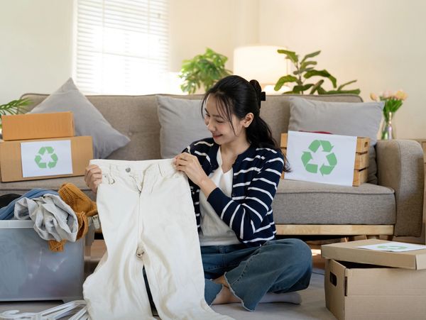 Women pack boxes with used clothes for reuse. Reusing, recycling material