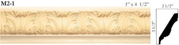 Ornate wooden molding with carved leaf patterns, measuring 1" x 4 1/2".