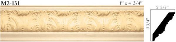 Decorative beige crown molding with leaf patterns, measuring 1" x 4 3/4".