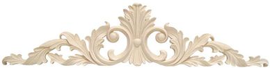 Ornate beige decorative wood carving with floral and scroll design.