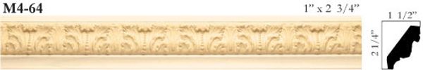 Decorative molding with intricate floral design, 1" x 2 3/4" dimensions.