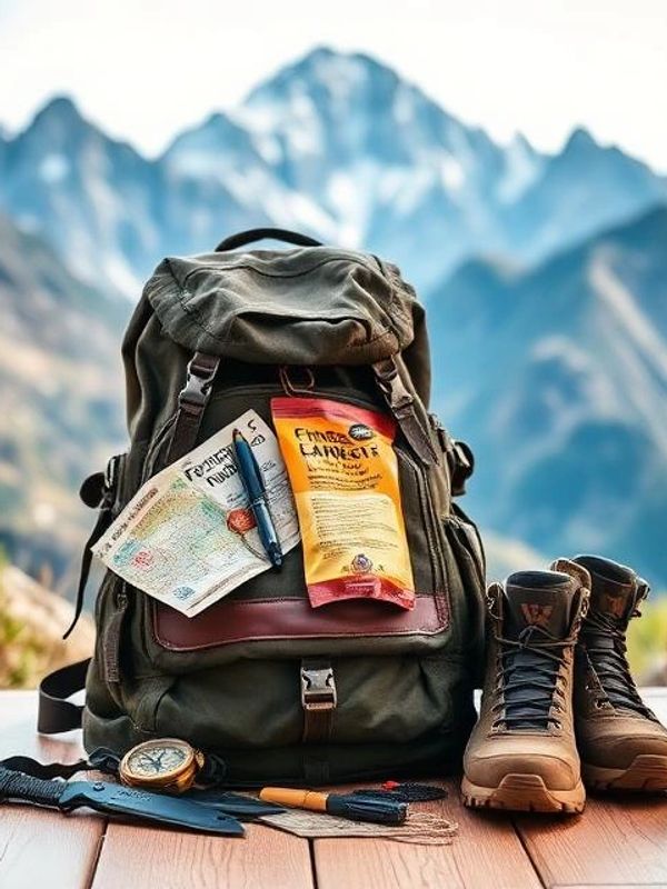 Backpacking gear with mountains in the background.