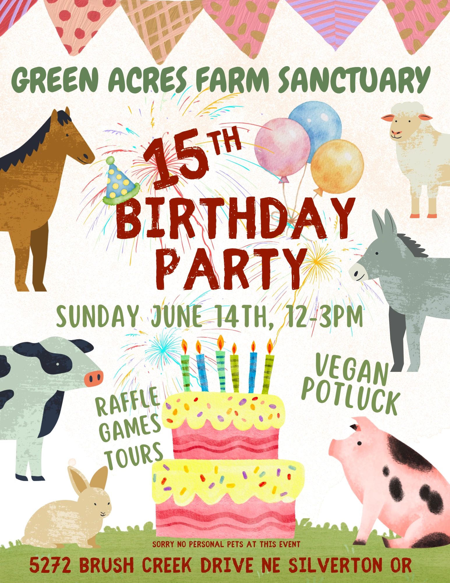 Colorful birthday party invitation with farm animals and festive decorations.