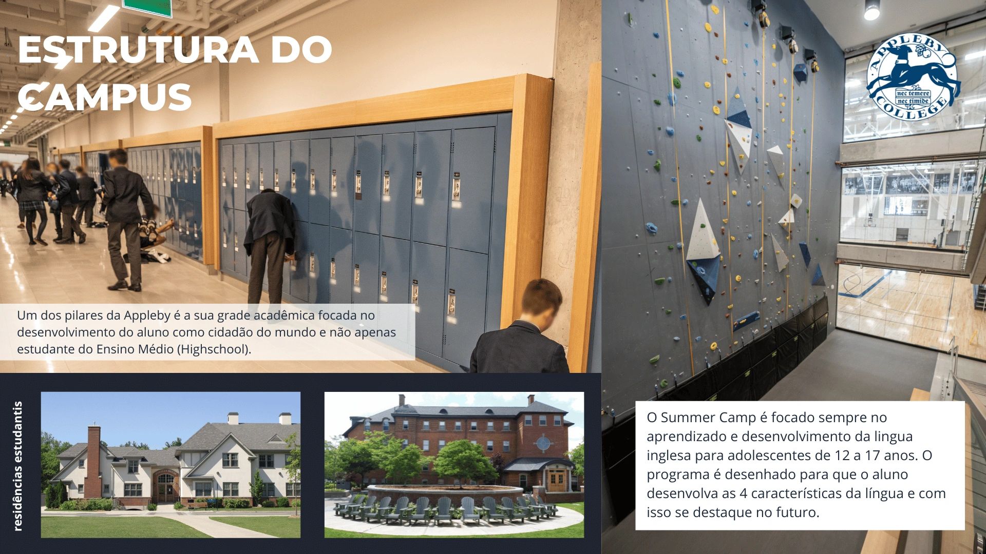 Students at Appleby College campus with lockers, rock climbing wall, and residences.