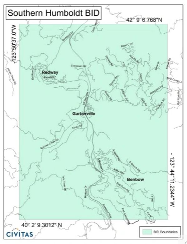 Map showing Southern Humboldt BID boundaries with Redway, Garberville, and Benbow.