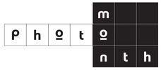 A word puzzle showing 'photo month' with black and white tiles.