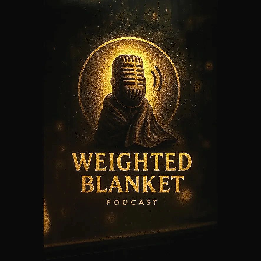Podcast logo featuring a microphone wrapped in a blanket with golden tones.
