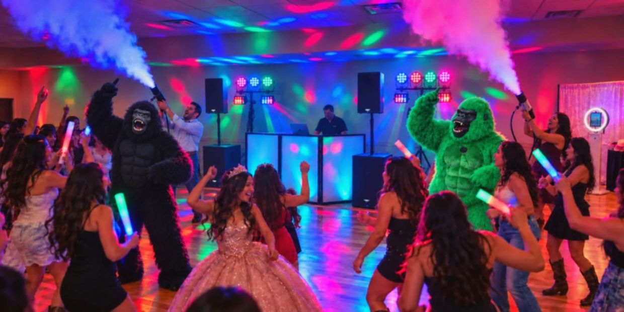 Party with people dancing and two gorilla mascots spraying smoke.