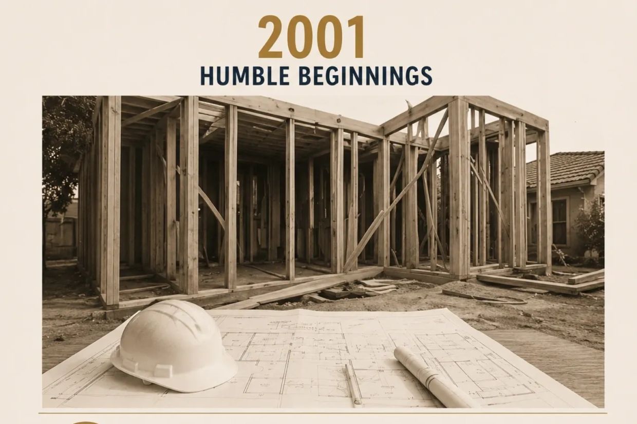 2001 construction site with frame and blueprint.