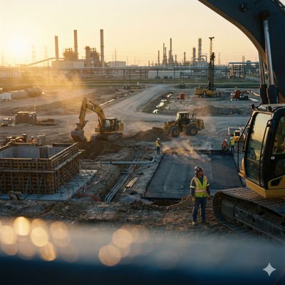 Construction workers and machinery at an industrial site during sunset.