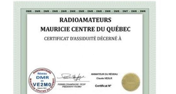 Certificate of attendance for radio amateurs in Mauricie Centre du Québec.