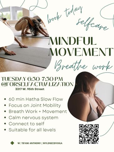 Poster for mindful movement yoga focusing on breath and joint mobility.