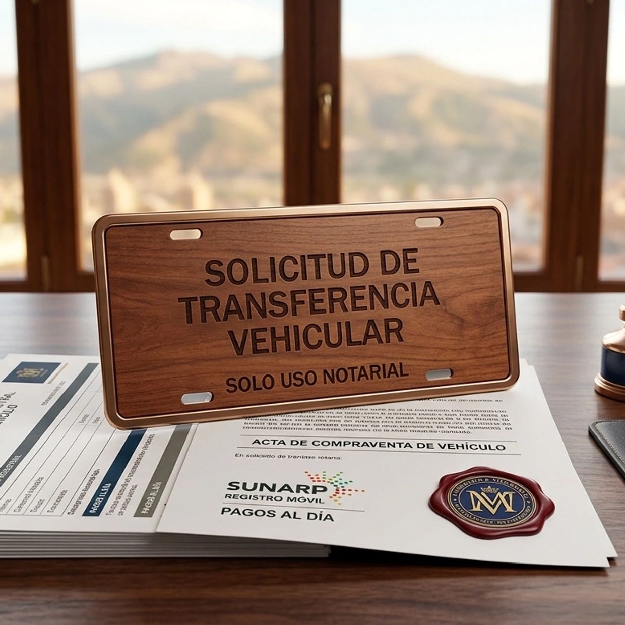 Wooden plaque for vehicle transfer request in a notary office.