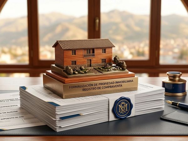 Model house on property registration documents with pen and ink stamp.