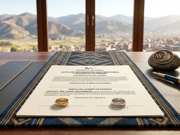 Divorce agreement document with two wedding rings on a table, scenic mountain view in background.