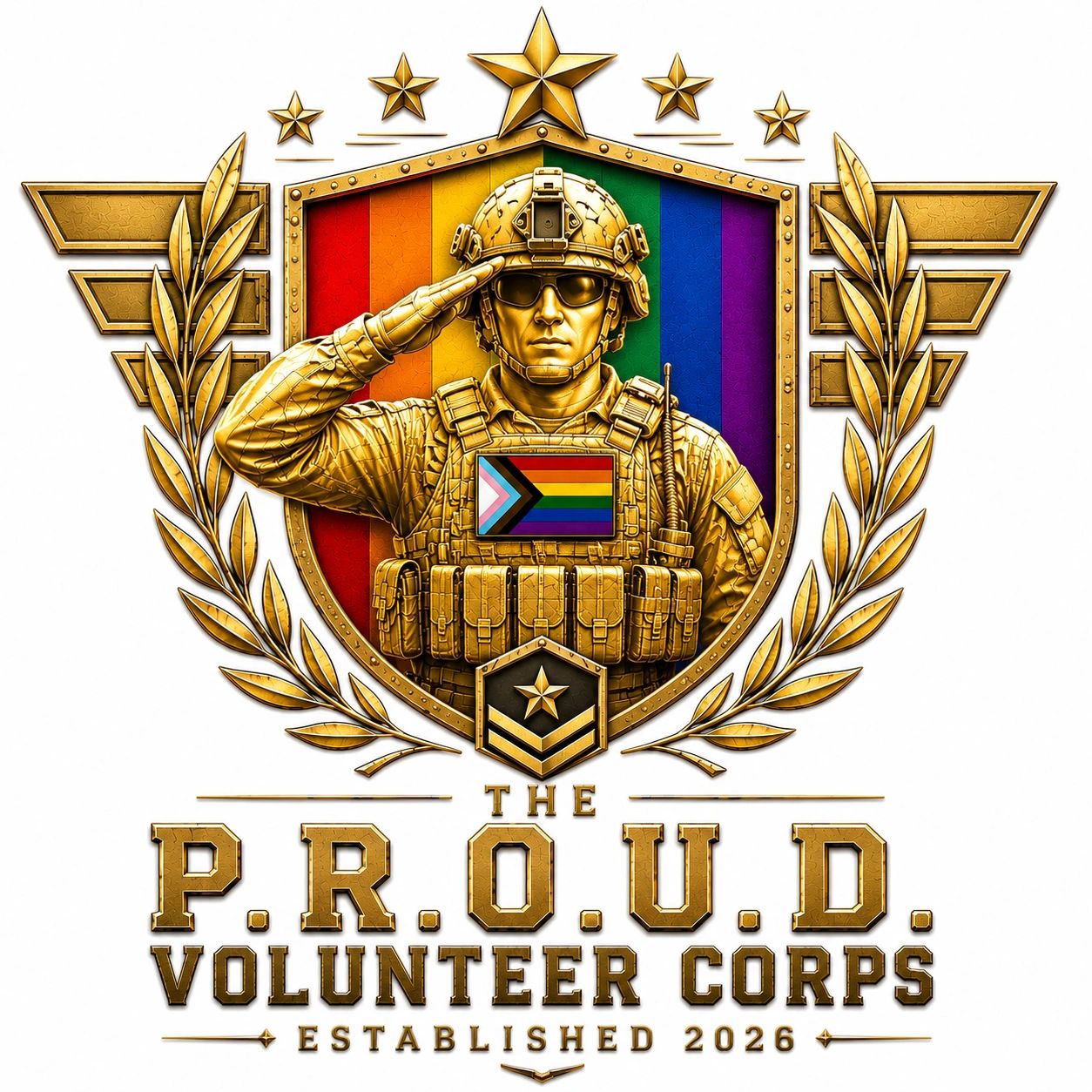 Golden soldier saluting with LGBTQ+ pride flag background and text.
