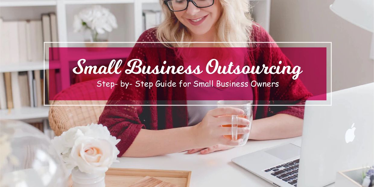 Woman smiling while holding a cup, working on small business outsourcing guide.