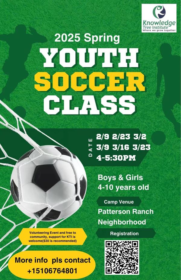 2025 Spring Youth Soccer Class for boys and girls aged 4-10 at Patterson Ranch Neighborhood.