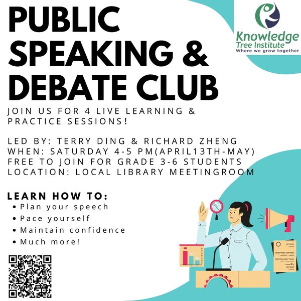 Public Speaking &amp; Debate Club offers free sessions for grade 3-6 students at local library.