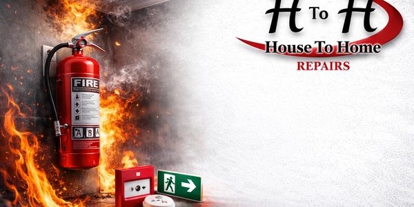A fire extinguisher with flames and safety signs beside it on a wall.