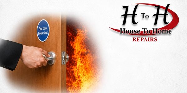 Hand opening fire door with flames behind, House To Home Repairs logo.
