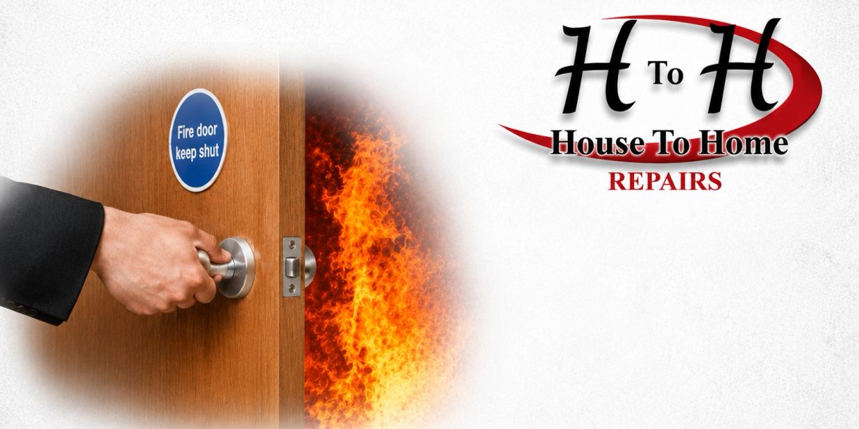 Hand closing fire door with flames behind it and House To Home Repairs logo.