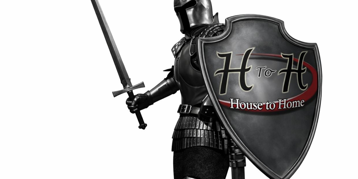 Knight in black armor holding a sword and shield with "House to Home" logo.
