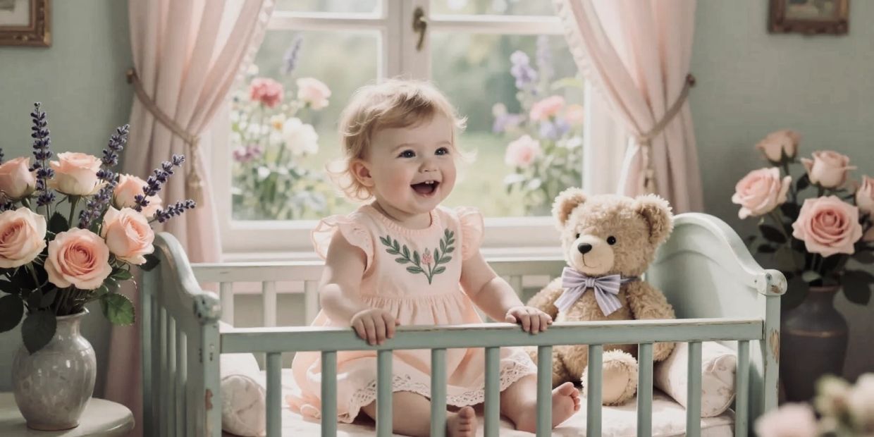 Happy baby sitting in crib with teddy bear and flowers.