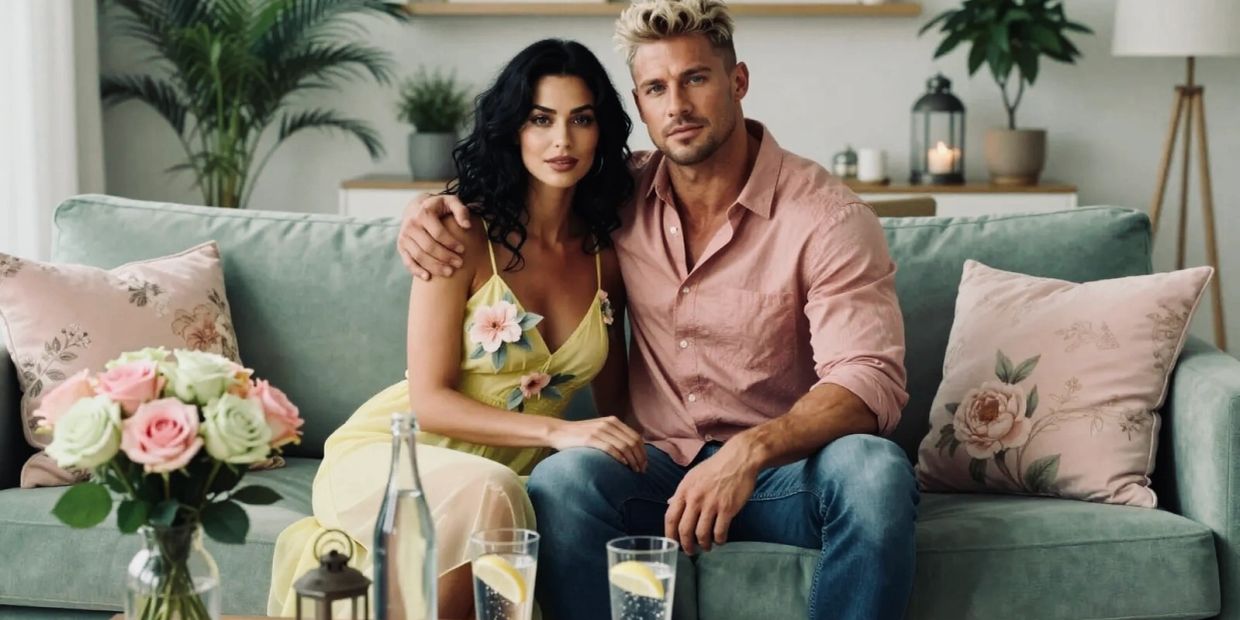 A couple sitting closely on a pastel green couch surrounded by floral decor.