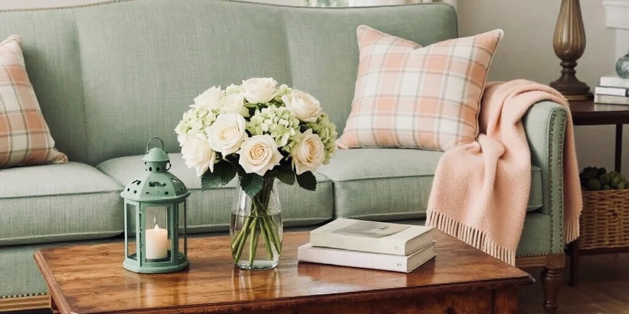 Cozy living room with green sofa and wooden coffee table.
