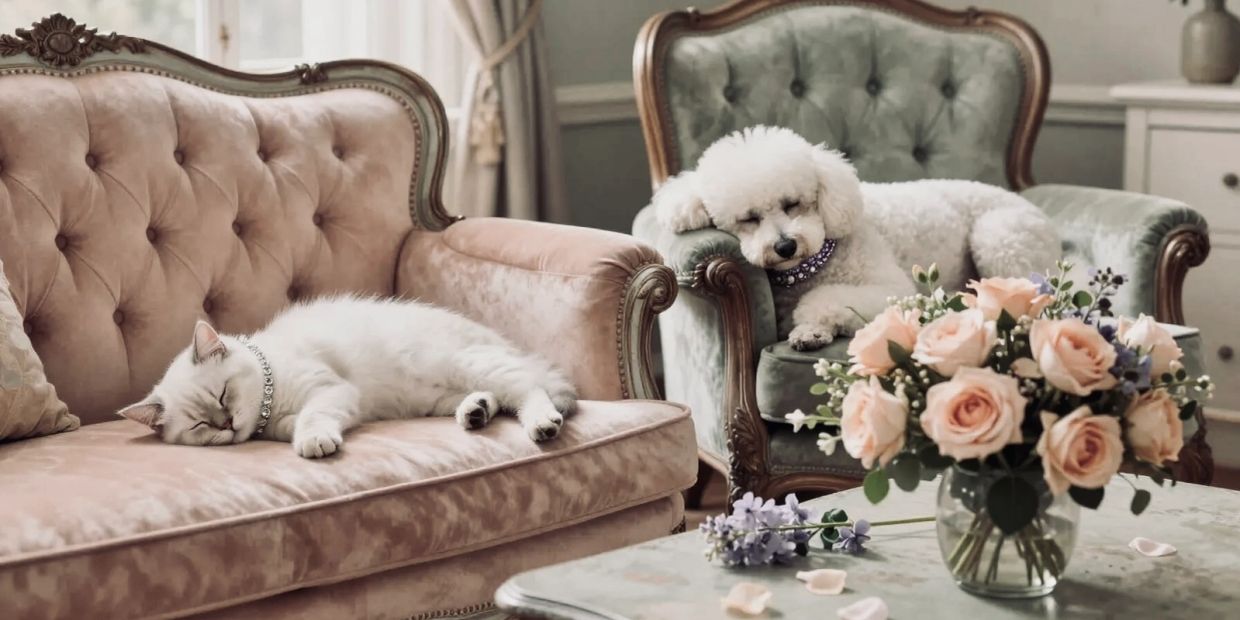 Cat and dog sleeping on vintage furniture.