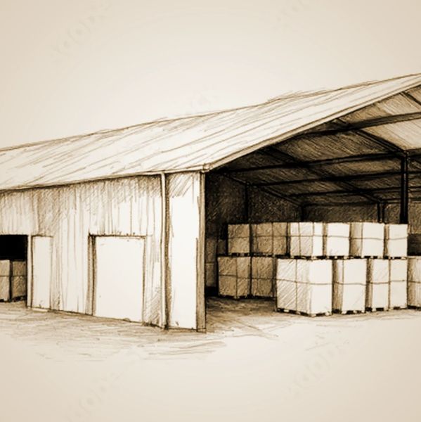 Sketch of a large warehouse filled with stacked boxes and multiple doors.
