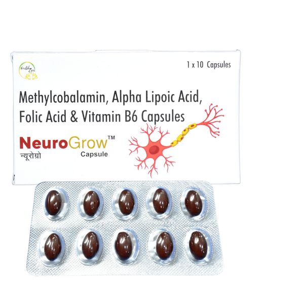 NeuroGrow capsules with vitamins and acids for neurological health.
