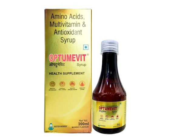 Optumevit syrup, a health supplement with amino acids and multivitamins.
